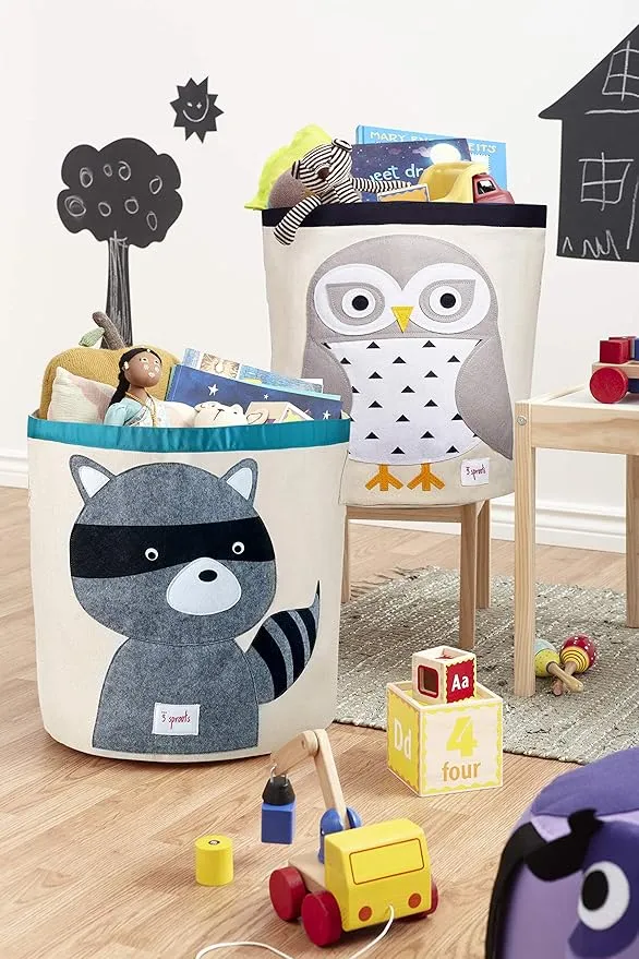 3 Sprouts Large Toy Storage Basket - Durable Kids & Baby Toy Bin with Handles for Toy Basket Storage, Round Hamper for Laundry in Nursery & Playroom, Snowy Owl