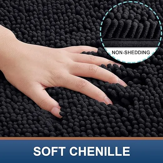 Smiry Luxury Chenille Bath Rug 30''x20'', Extra Soft and Absorbent Shaggy Bathroom Mat Rugs, Machine Washable, Non-Slip Plush Carpet Runner for Tub, Shower, and Bath Room, Black