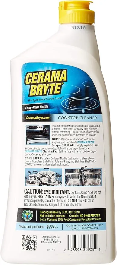 Cerama Bryte Ceramic Cooktop Cleaner (28 oz), Scraper and 5 Cleaning Pads Combo Kit