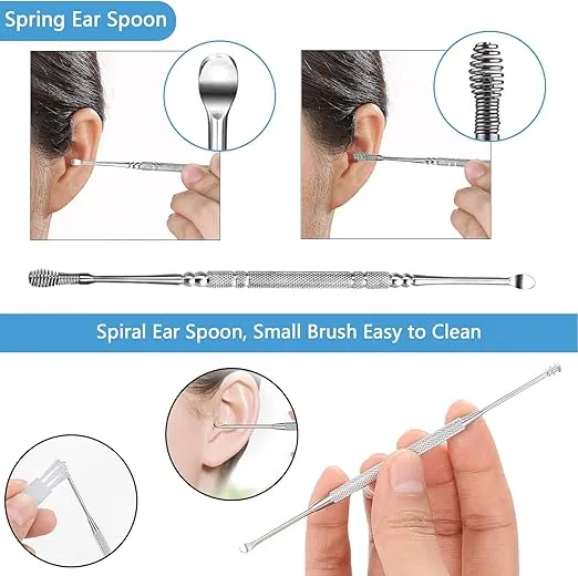 Earwax Removal Kit 5 Pcs, Ear Wax Cleaning Tool Set, Ear Pick with LED Light USB Charging, Stainless Steel Ear Curette, Earwax Tweezer, Ear Canal Dilator, Ear Wax Remover Tool with Storage Box