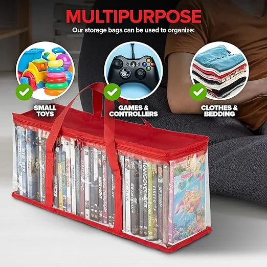 Stock Your Home DVD Storage Bags (Set of 4) Media Organizer Bag for DVDs, CDs, Blu Ray Disc, Movie Cases, VHS Box, Video Game Disks, Clear Plastic Holders with Carrying Handles and Zipper - Red