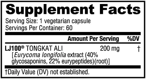NutraBio Tongkat Ali LJ 100 - Natural Support for Muscle Mass, Strength, Performance - 200mg per Capsule, 60 Servings