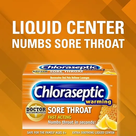 Chloraseptic Warming Sore Throat Lozenges, Real Honey Lemon, 18 Count, 1 Pack