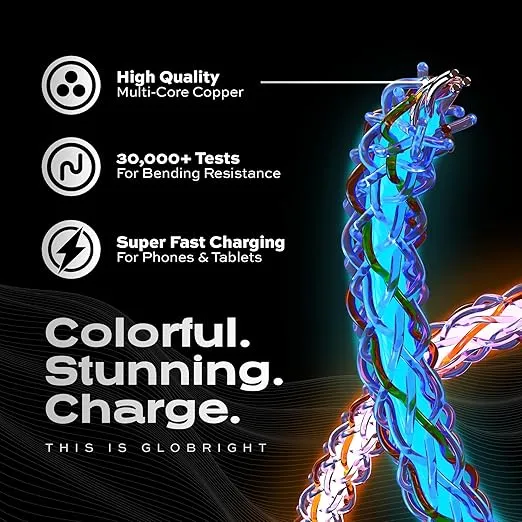 Statik Light Up Charger Cable - GloBright Braided LED Charging Cable, Glowing Super Fast Charging 100W Light Up Cable, Data Transfer, Lighted Phone Charger Cord - 6FT/1.8M, Type USB C to USB C