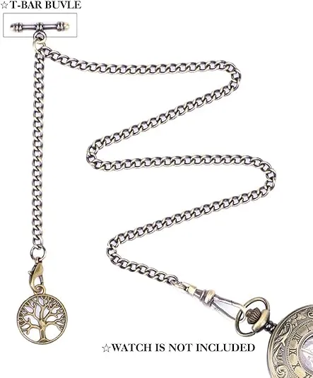 SIBOSUN Pocket Watch Albert Chain T Bar & Lobster Clasps Watch Chain Vest Chain for Men Curb Link Chain 2 Hooks with Antique Life Tree Pendant Design Charm Fob T-Bar Chain