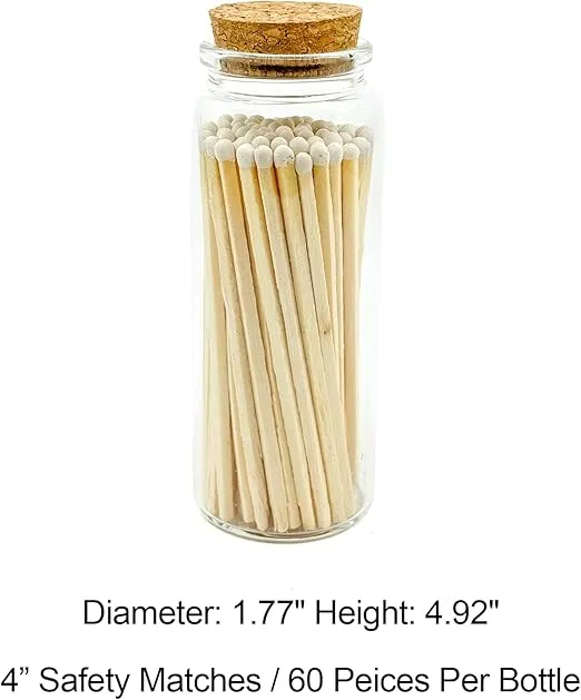Matches in a Jar | 60+ Matchsticks | Decorative Matchsticks with Strike Pad | Candle Match Holder Long for Fireplace | Match Bottle Cork Closing (White, 4" Matches)