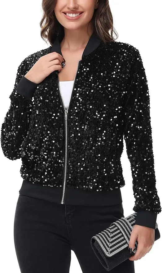 Anna-Kaci Women's Sparkly Sequin Jacket Zipper Long Sleeve Glitter Sequin Bomber Jacket with Pockets