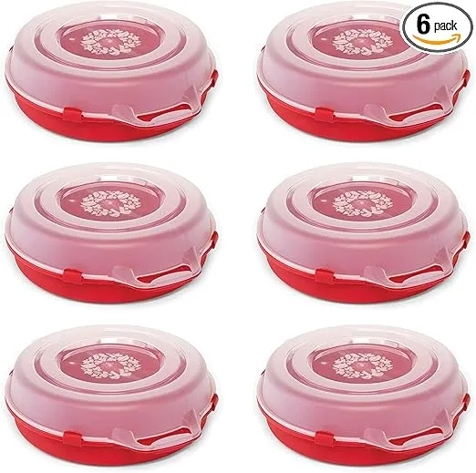 HOMZ 24'' Stackable and Nestable Holiday Wreath Plastic Storage Containers with Secure Latching Lid and Easy Grip Handle, Red/Clear (6 Pack)