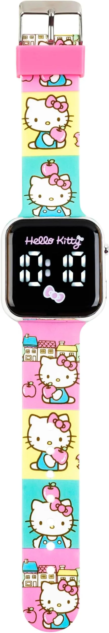 Accutime Hello Kitty LED Kids Watch - Silver Plastic Case, Colorful Printed Artwork, White LED Display, Soft Silicone Strap, Easy to Read, Ideal for Girls, Official Sanrio Merchandise