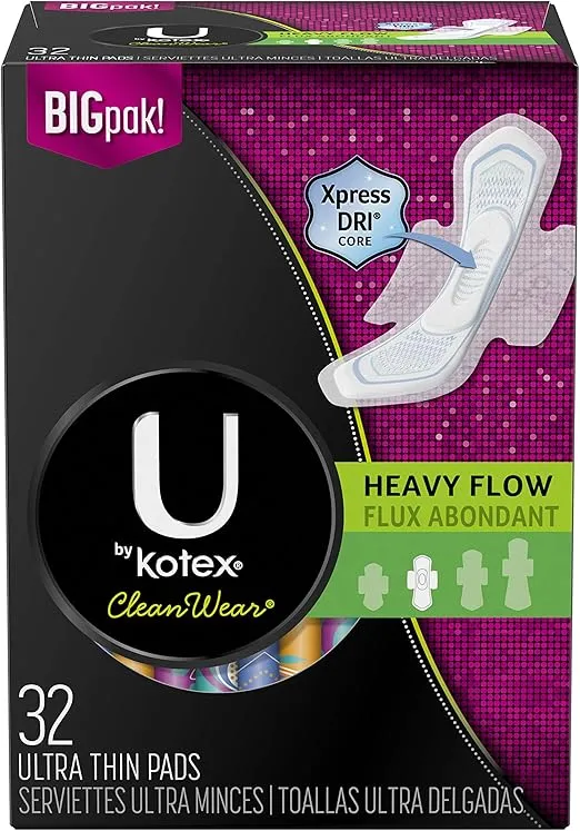 U by Kotex Cleanwear Ultra Thin Pads with Wings, Heavy Flow, 32 Count