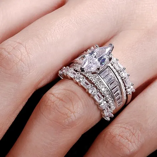 Jeulia 2 Carat 3PC Wedding Ring Set for Women 14K Gold Plated Marquise Cut CZ Engagement Rings Sterling Silver Bridal Set Anniversary Promise Rings for Her with Jewelry Box