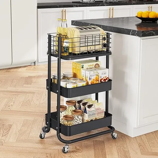 KINGRACK 3-Tier Metal Rolling Utility Cart, Rolling Cart Organizer, Storage Cart on Wheels, Book Cart, Diaper Cart for Bathroom, Kitchen, Office, Bedroom, Black