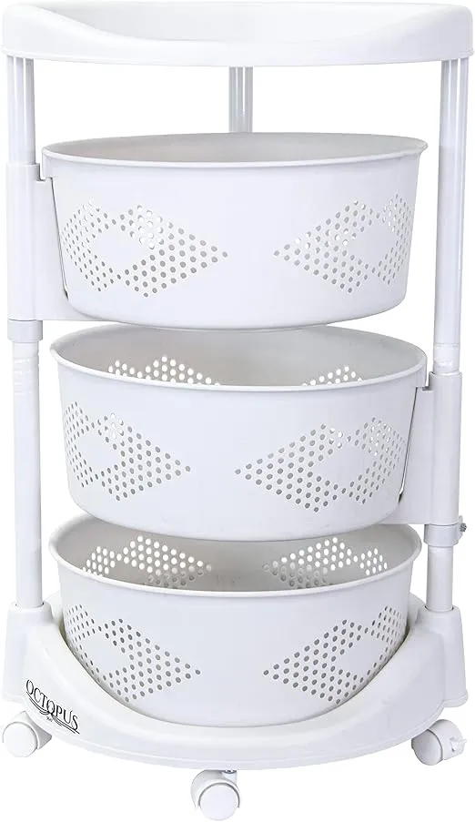Octopus 360 3 Tier Rolling cart Kitchen Organization Plastic Rotating Fruit Basket Teacher Classroom Supplies Organizer Makeup Storage Hair Salon Trolley Swivel Lockable Wheels Bar