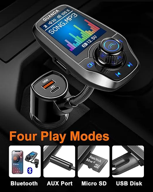 Upgraded Bluetooth FM Transmitter for Car, Wireless Radio Adapter Kit W 1.8" Color Display Hands-Free Call AUX in/Out SD/TF Card USB Charger PD 20W for All Smartphones Audio Players - Pewter