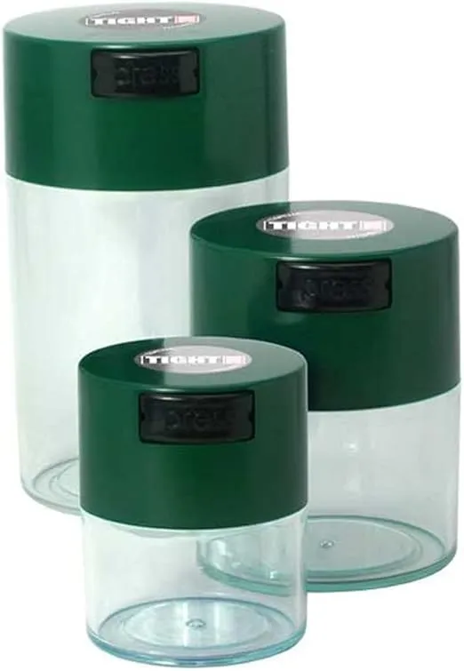 Tightvac Set of 3 - Patented Airtight Container | Multi-use Vacuum Container Works as Smell Proof Containers for Herbs and Dry Goods. Green Caps and Clear Bodies