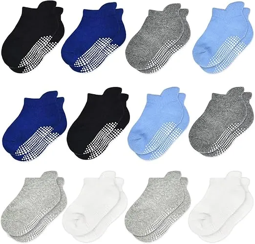 Tphon Non Slip Toddler Socks 12 Pairs Infant Baby Kids Grip Socks for Boy Girls Anti Skid Ankle Socks for 0-7 Year Children